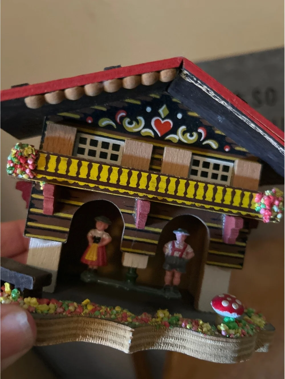 Vintage Handcrafted Wooden Chalet Figurine with Traditional German Couple